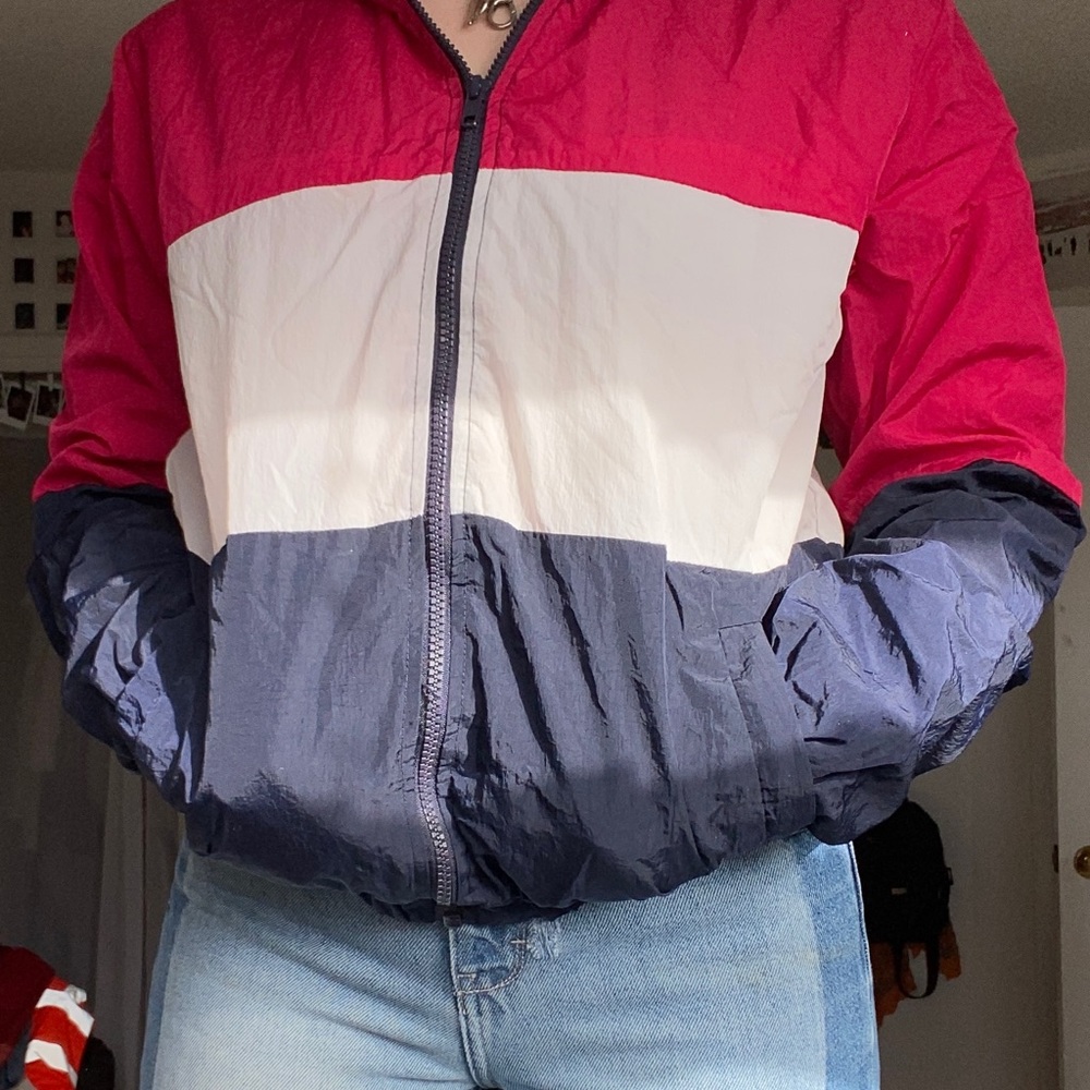 red white and blue color blocked windbreaker